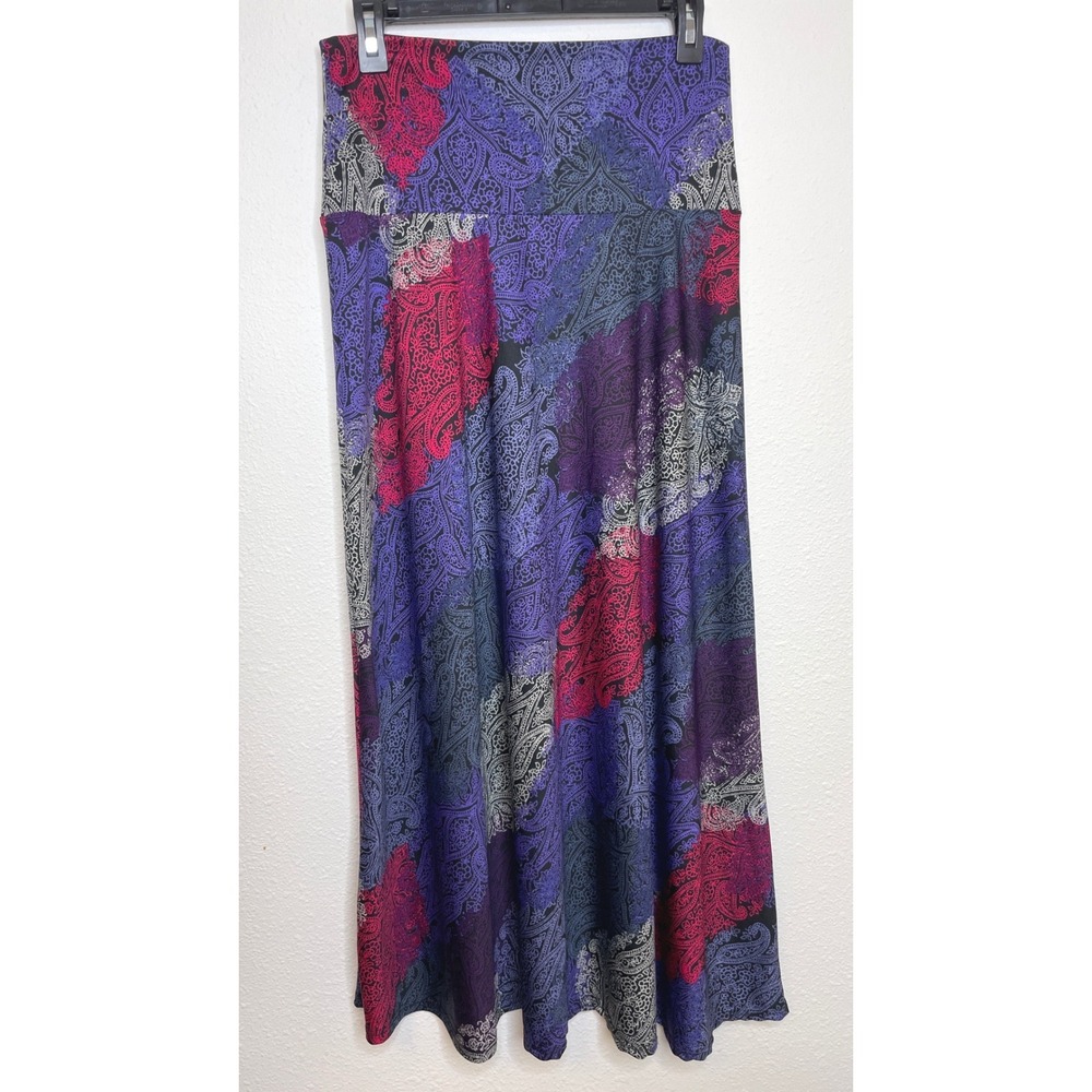 Women Maxi Boho Skirt Paisley Print Stretch Knit Small Purple Red